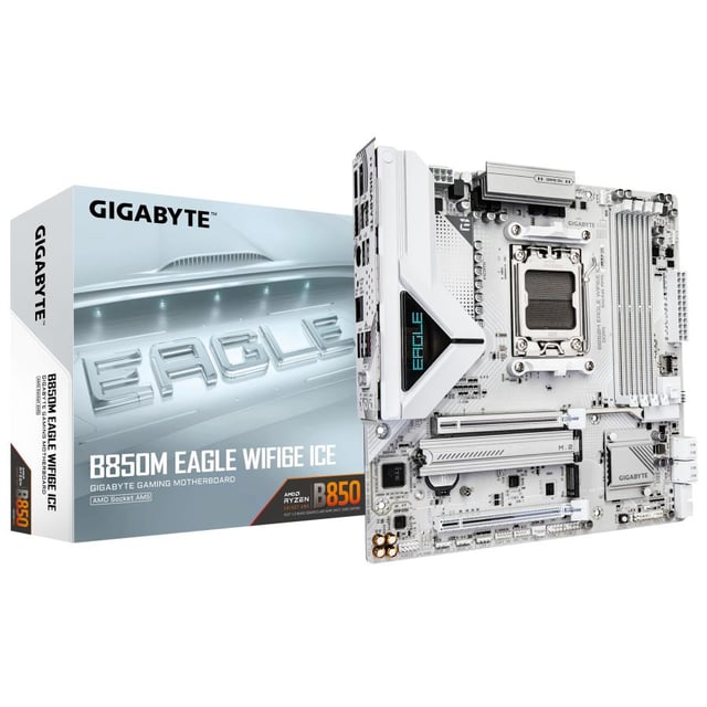 Gigabyte B850M EAGLE WF6E ICE, mATX, AMD AM5, B750, DDR5, PCIe 5.0, M.2, WI-Fi 6E, 2.5 GbE, USB 3.2