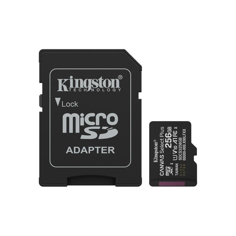 Kingston SDCS3/256GB Canvas Select Plus MicroSDXC + Adapter, 256GB, Class 10, UHS-I, 150 MB/s, U1