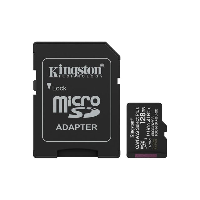 Kingston SDCS3/128GB Canvas Select Plus MicroSDXC + Adapter, 128 GB, Class 10, UHS-I, 150 MB/s, U1
