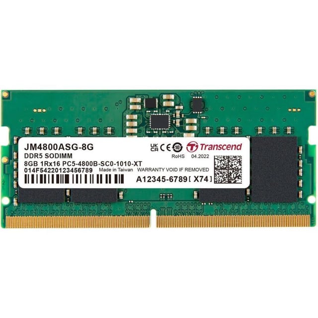 Transcend JM6400ASG-8G SO-DIMM, 1x 8 GB, DDR5, 6400 Mhz, CL52, 1.1v, 1Rx16, 1Gx16x4
