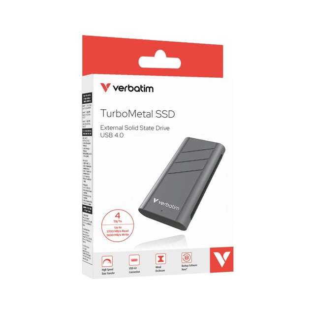 Verbatim 32023 TurboMetal SSD, 4 TB, USB Type-C, USB4 Gen 2x2, 3700 MB/s, 40 Gbit/s, Silver