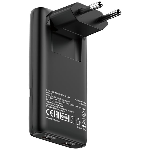 Verbatim 32354 Fold "n" Go GaN Charger 65W EU plug Black, Indoor, AC, 20 V, Black