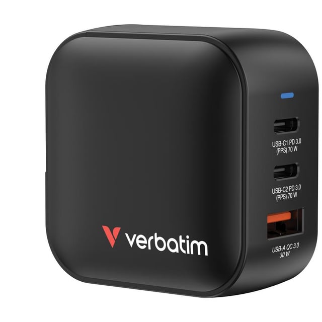 Verbatim 32229 Mini GaN Charger, 70W, 3 Port US plug with EU and UK adaptors, Indoor, AC, 20V, Black