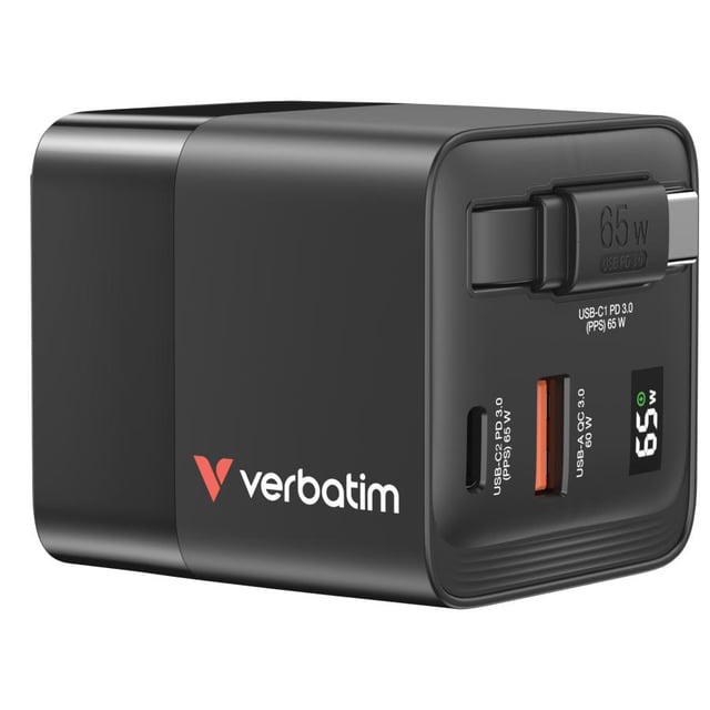 Verbatim 32217 GaN Charger with Retractable cable US/EU/UK, 65W, 2 Port, AC 20 V, 0.8m, Black