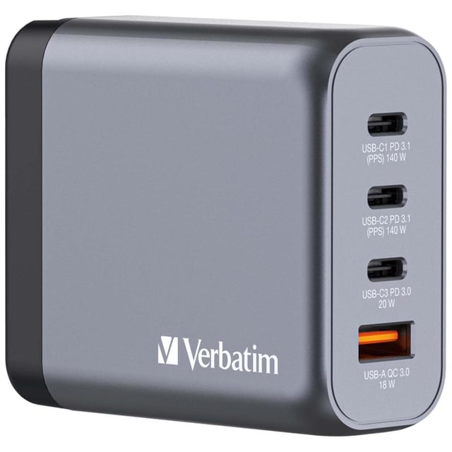 Verbatim 32203 GNC-140 GaN Charger EU/UK/US, 140W, 4 port, USB A/C, USB-C PD 140W, AC 20 V, Black