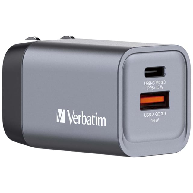 Verbatim 32200 GNC-35 GaN Charger EU/UK/US, 35W, USB-C PD 35W, USB-A QC 3.0, AC 20V, Black