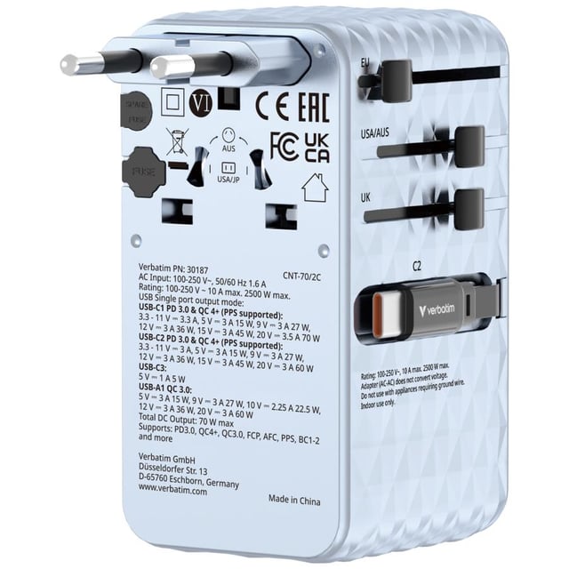 Verbatim 30187 Charge "n" Travel 70W 2C retractable Universal Travel Adapter Blue, Indoor, AC, 250 V