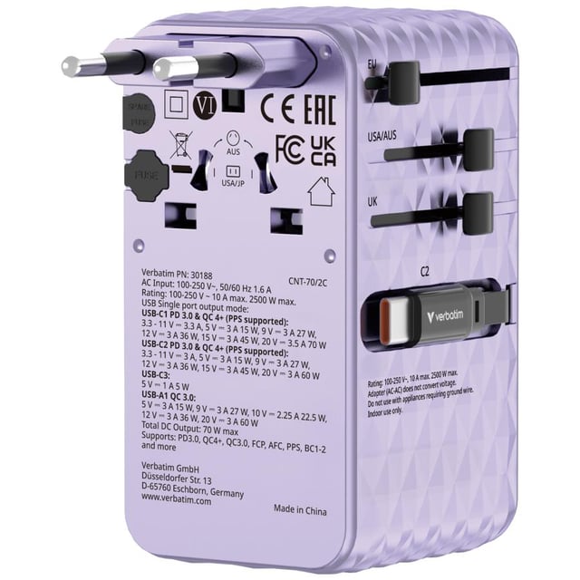 Verbatim 30188 Charge "n" Travel 70W 2C retractable Universal Travel Adapter Purple, Indoor, AC, 250