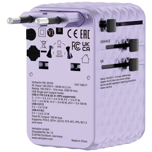 Verbatim 30193 Charge "n" Travel 100W Universal Travel Adapter with retractable cable, USB-C, Purple