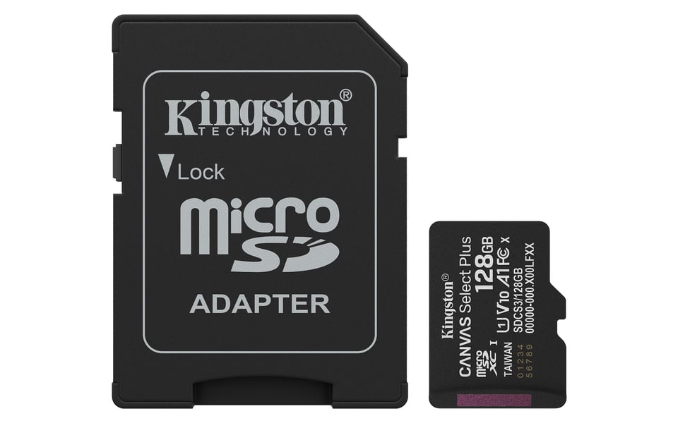 Kingston Technology 128GB microSDXC Canvas Select Plus Gen3 150MB/s A1 kaart + adapter