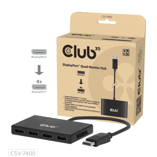 CLUB3D Quad DisplayPort™ Hub – 4 x 4K Resolution @ 30Hz, MST Support