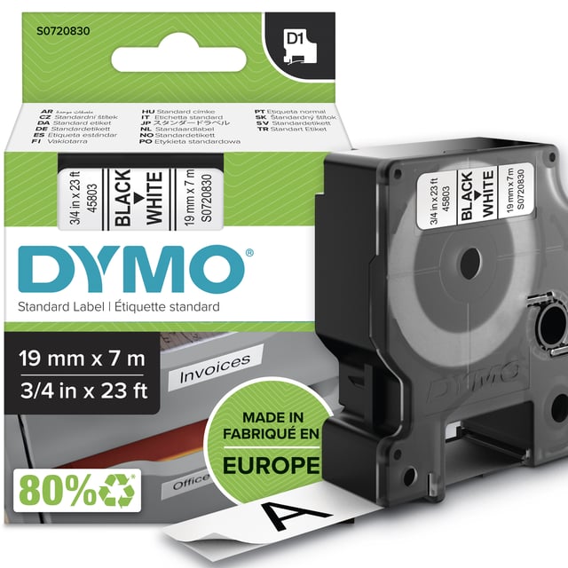 DYMO originele D1 labels | Zwarte Tekst op Wit Label | 19 mm x 7 m | Zelfklevende etiketten voor de LabelManager labelprinter | gemaakt in Europa