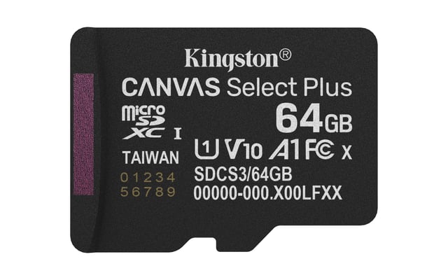 Kingston Technology 64GB micSDXC Canvas Select Plus Gen3 100R A1 enkel pakket zonder ADP