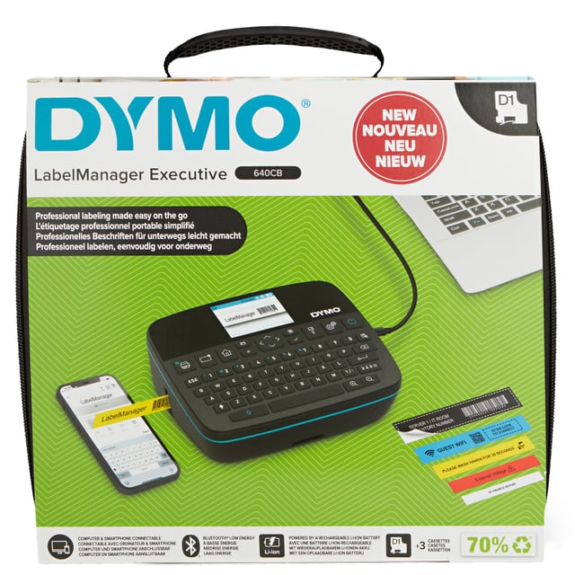 DYMO LabelManager Executive 640 CB draagbare labelprinterkit met draagtas en 3 labelcassettes | compacte QWERTY-labelmaker | Bluetooth- & USB-connectiviteit | compatibel met D1-labels