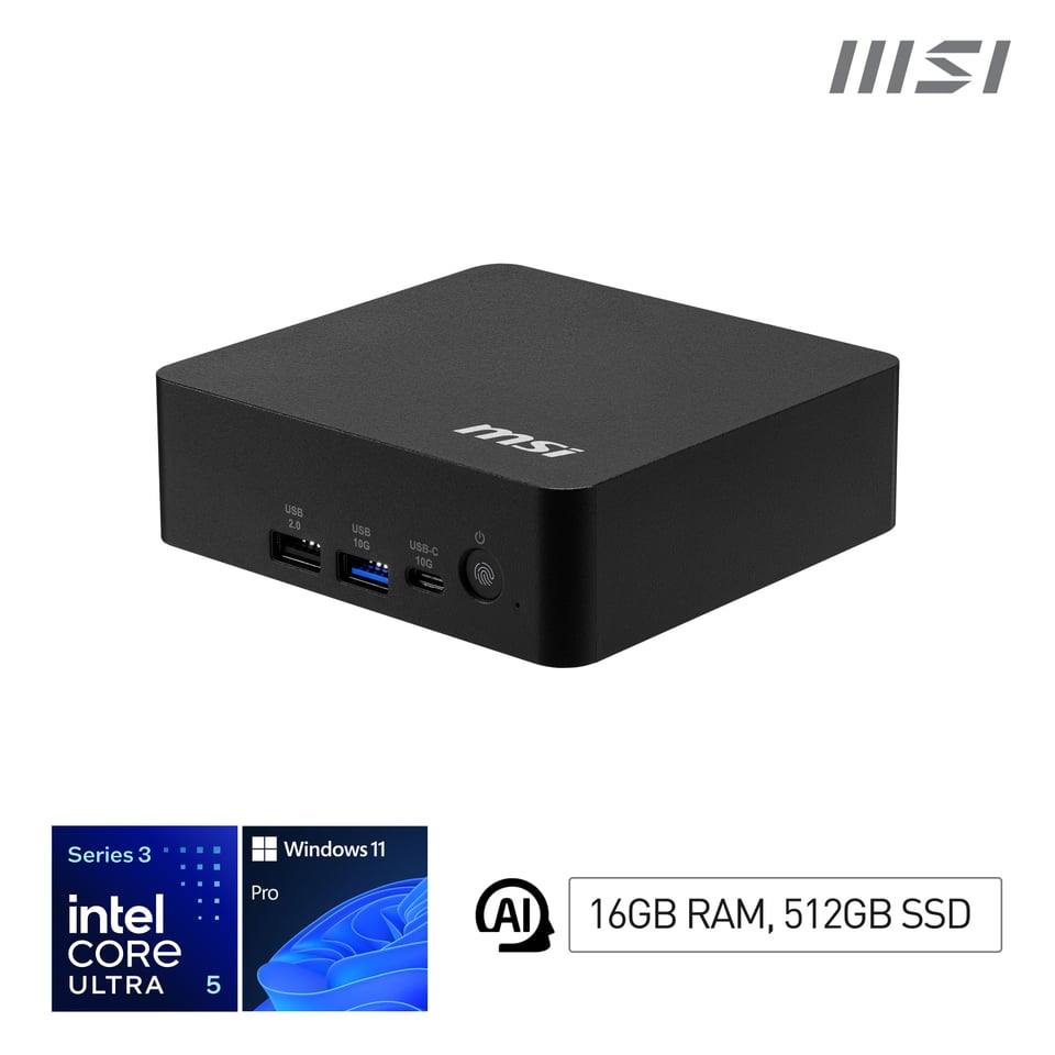 MSI Cubi NUC AI+ 3MG-004EU Copilot+ PC Intel Core Ultra 5 322 16 GB DDR5-SDRAM 512 GB SSD Windows 11 Pro Mini PC Zwart