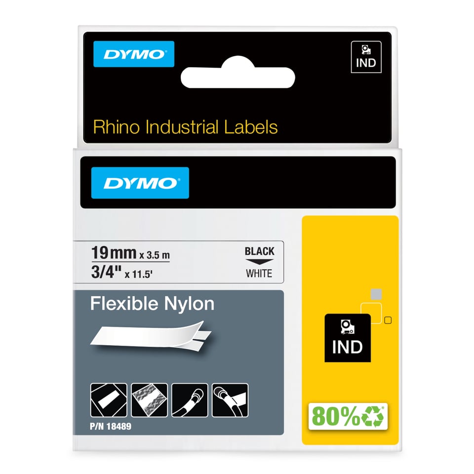 DYMO Rhino industriële Flexibele Nylon Labels | 19 mm x 3,5 m | zwarte afdruk op wit | zelfklevende labels voor Rhino & LabelManager labelprinters